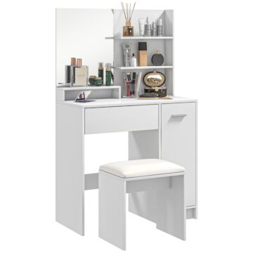 Homcom Dressing Table With Mirror And Stool, Vanity Table, Modern Makeup Desk With Drawer, Storage Cabinet And Adjustable Shelf, White