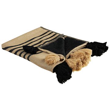 Blanket Beige And Black Acrylic And Polyester 130 X 170 Cm Bed Throw Abstract Pattern Fringes Bedroom Living Room Beliani