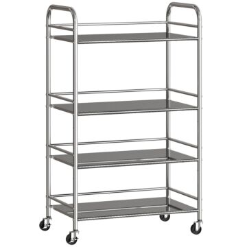Homcom 4 Tier Stainless Steel Kitchen Storage Trolley With Adjustable Shelves - Silver