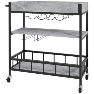 Homcom 3-tier Kitchen Cart, Kitchen Island With Storage Shelves, Removable Tray, Wine Racks, Glass Holders, Faux Marbled Grey