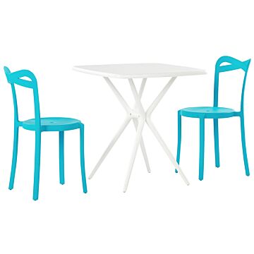 Bistro Set White And Blue Synthetic 2 Stacking Chairs Square Table Lightweight Indoor Outdoor Plastic Modern Beliani