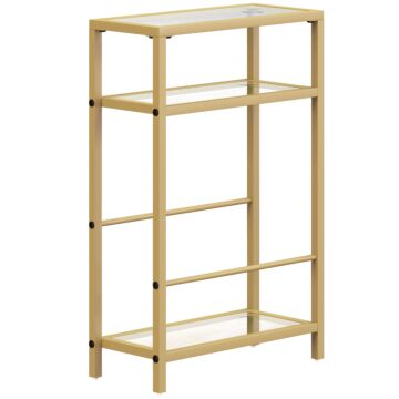 Homcom 3-tier Side Table, Narrow End Table With Storage Shelf And Tempered Glass Tabletop For Small Spaces, Bedroom, Living Room, Entryway, Gold Tone