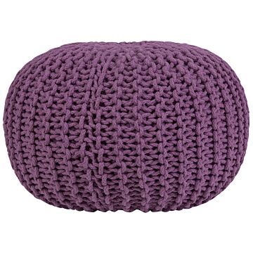 Pouf Ottoman Purple Knitted Cotton Eps Beads Filling Round Small Footstool 50 X 35 Cm Beliani