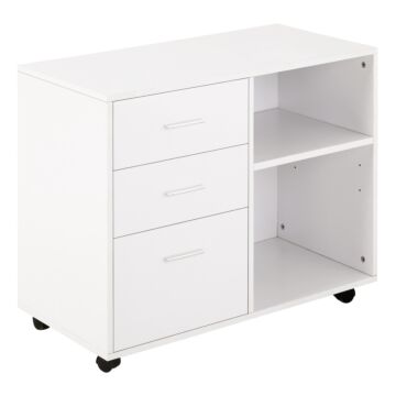 Homcom Freestanding Printer Stand Unit Office Desk Side Mobile Storage W/ Wheels 3 Drawers, 2 Open Shelves Modern Style 80l X 40w X 65h Cm - White