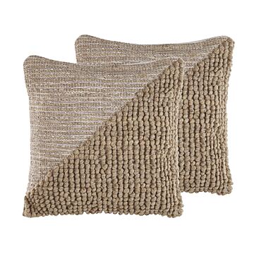 Set Of 2 Scatter Cushions Beige Wool And Cotton 45 X 45 Cm Pillow Cover Solid Pattern With Polyester Filling Beliani
