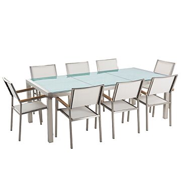 Garden Dining Set White With Cracked Glass Table Top 8 Seats 220 X 100 Cm Beliani