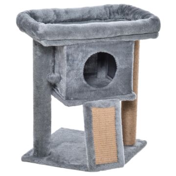 Pawhut Cat Tree Tower For Indoor Cats Climbing Activity Center Kitten Furniture With Jute Scratching Pad Ball Toy Condo Perch Bed 40 X 40 X 57cm Grey