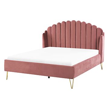 Bed Frame Pink Velvet Upholstery Eu Double Size 4ft6 Metal Legs Retro Design Chanell Shell Headboard Beliani