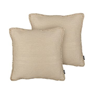 Set Of 2 Decorative Cushions Beige Jute 45 X 45 Cm Woven Removable With Zipper Braided Edging Boho Decor Accessories Beliani