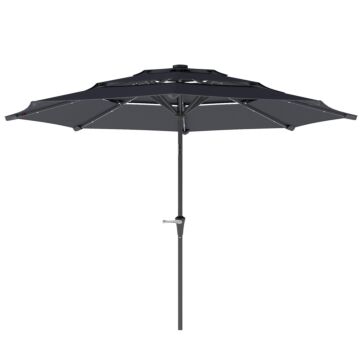 Outsunny 3-tier Garden Parasol With Solar Led Lights, Upf 30+, Tilt Mechanism & Crank Handle, For Market Terrace, Dark Grey