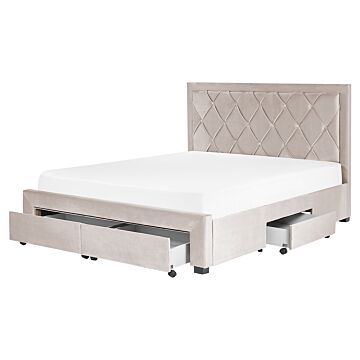 Storage Bed Beige Velvet Upholstery Eu King Size 5ft3 Tufted Tall Headboard Drawers Glam Design Beliani