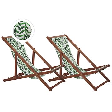 Set Of 2 Garden Deck Chairs Dark Acacia Wood Frame Leaf Pattern Replacement Fabric Hammock Seat Reclining Folding Sun Lounger Beliani