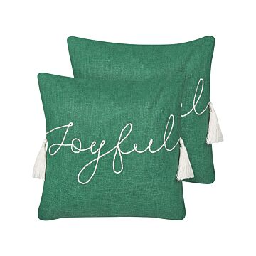 Set Of 2 Scatter Cushions Green 45 X 45 Cm Christmas Motif Tassels Cotton Removable Covers Living Room Bedroom Beliani