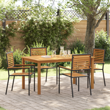 Vidaxl 5 Piece Garden Dining Set Black Poly Rattan Acacia, Vidaxl Stacking Garden Chairs With Cushions 2 Pcs Black Poly Rattan