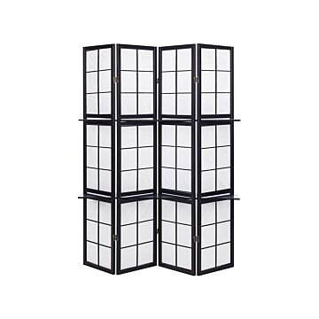 Room Divider Black Pine Wood Synthetic Material 4 Panels Folding Decorative Screen Partition Living Room Bedroom Traditional Design Beliani