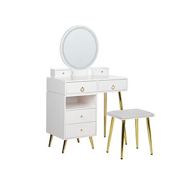 Dressing Table White And Gold Mdf 6 Drawers Led Mirror Stool Living Room Furniture Glam Design Beliani