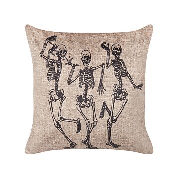 Decorative Cushion Beige Velvet 45 X 45 Cm Skeleton Pattern Square Modern Halloween Decor Accessories Beliani