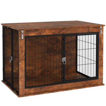 Pawhut Dog Crate Furniture With Flip-up Top, 2 Doors, For Large Dogs, 98 X 60 X 65.5cm, Rustic Brown