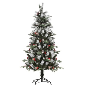 Homcom 5ft Artificial Snow Dipped Christmas Tree Xmas Pencil Tree With Foldable Feet Red Berries White Pinecones, Green
