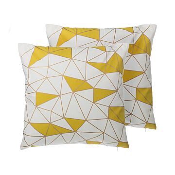 Set Of 2 Decorative Cushions Yellow Cotton Geometric Pattern 45 X 45 Cm Net Print Decor Accessories Beliani