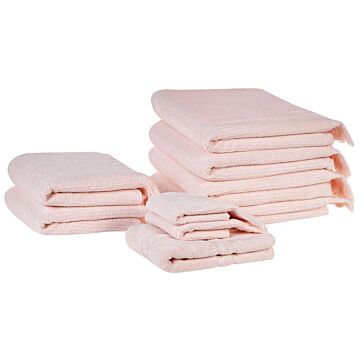 Set Of 9 Bath Towels Pink Terry Cotton Polyester Tassels Texture Bath Towels Beliani