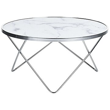 Coffee Table White Marble Effect Tempered Glass Top Silver Metal Hairpin Legs Round Shape Beliani