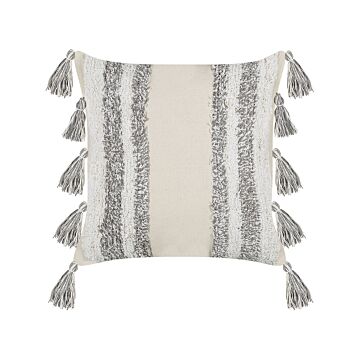Decorative Cushion Beige And Grey Cotton 45 X 45 Cm With Tassels Striped Pattern Beliani