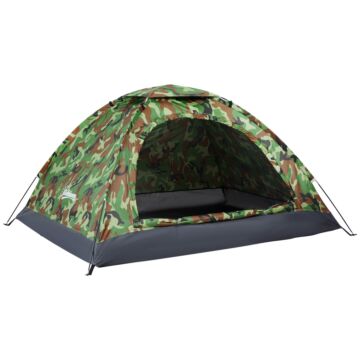 Outsunny 2 Person Camping Tent, Camouflage Tent With Zipped Doors, Storage Pocket, Portable Handy Bag, Multicoloured
