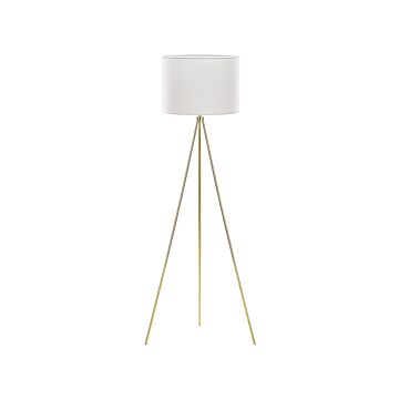 Floor Lamp Gold Metal 148 Cm Tripod Stand White Fabric Drum Shade Beliani