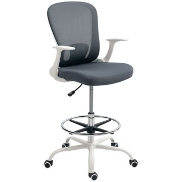 Homcom Draughtsman Chair, Mesh Drafting Chair, Ergonomic Office Chair With Flip-up Armrest, Adjustable Foot Ring, Grey