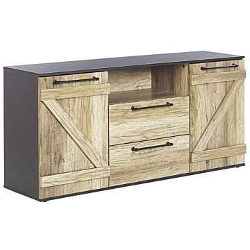 Sideboard Light Wood And Black Particle Board 72 Cm With Drawers Barn Style Beliani