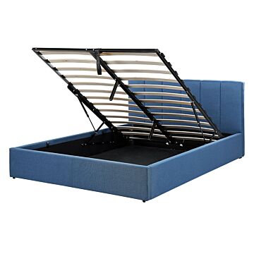 Bed Frame Blue Fabric Upholstery Eu King Size 5ft Lift Up Storage With Headboard And Slatted Base Beliani
