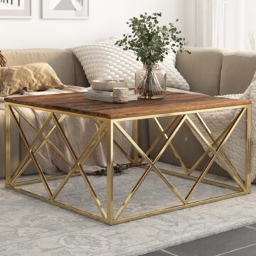 Vidaxl Coffee Table Gold Stainless Steel And Solid Sleeper Wood