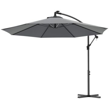Outsunny 3(m) Cantilever Parasol With Solar Led Lights, Garden Umbrella With Cross Base And Crank Handle, Hanging Offset Banana Sun Shade For Outdoor, Patio, Grey