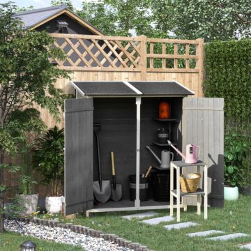 Outsunny Garden Wood Storage Shed W/ Storage Table, Hooks And Ground Nails Multifunction Lockable Sheds Tool Organizer, 139 X 75 X 160cm, Grey