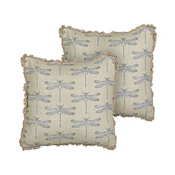 Set Of 2 Scatter Cushions Beige Cotton 45 X 45 Cm Square Handmade Throw Pillows Printed Dragonfly Pattern Removable Cover Beliani