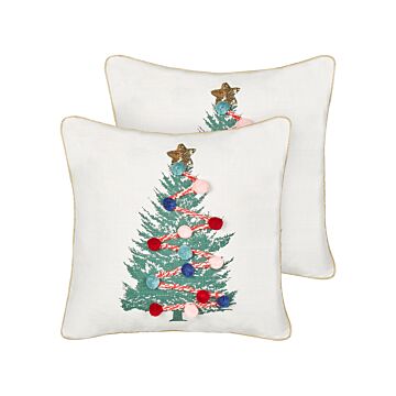 Set Of 2 Scatter Cushions White 45 X 45 Cm Christmas Tree Pattern Cotton Removable Covers Living Room Bedroom Beliani