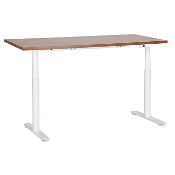Electrically Adjustable Desk Dark Wood Tabletop White Steel Frame 160 X 72 Cm Sit And Stand Round Feet Modern Design Beliani