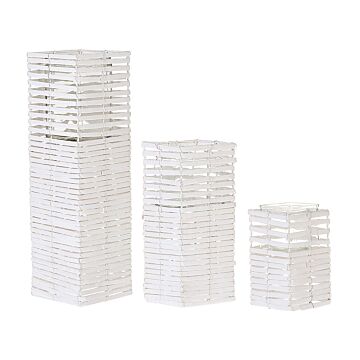 Set Of 3 Candleholders White Poplar Wood Glass Holder Various Sizes Tall Square Boho Design Beliani