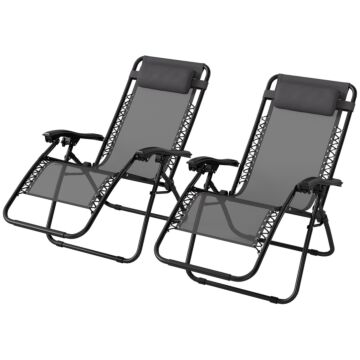 Outsunny Zero Gravity Chair Set Of 2, Metal Frame Texteline Armchair Outdoor Folding And Reclining Sun Lounger With Head Pillow For Patio Decking Gardens Camping, Grey