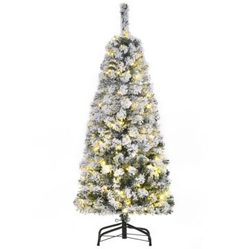 Homcom 4ft Prelit Artificial Snow Flocked Christmas Tree With Warm White Led Light, Holiday Home Xmas Decoration, Green White