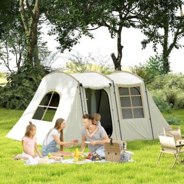 Outsunny 3-4 Man Tunnel Tent, Family Camping Tent With Porch, Bedroom And Living Area, Sewn In Groundsheet, 3000mm Waterproof, Portable With Bag For Hiking, Festival, Backpacking, Khaki