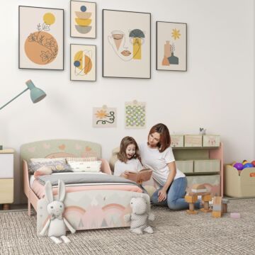 Zonekiz Toddler Bed Frame, Kids Storage Shelf Unit With 6 Fabric Bins For Ages 3-6 Years, Pink