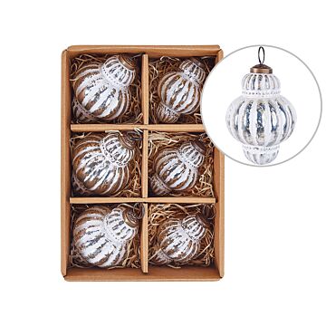 Set Of 6 Christmas Baubles Silver Glass Hanging Distressed Xmas Tree Balls Holiday Decor Beliani