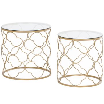 Homcom Nesting Tables Set Of 2, Modern Stacking Side End Table With Tempered Glass Top, Metal Frame For Living Room Bedroom Office, Gold Tone