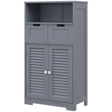 Kleankin Bathroom Cabinet With Drawers, Bathroom Storage Cabinet With Louvred Doors, Open Compartment And Adjustable Shelf For Washroom, Grey