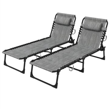 Outsunny Portable Sun Lounger Set Of 2, Folding Camping Bed Cot, Reclining Lounge Chair 5-position Adjustable Backrest With Side Pocket, Pillow For Patio Garden Beach Pool, Mixed Grey