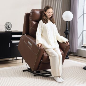 Homcom Power Lift Recliner Chair For Elderly, Overstuffed Faux Leather Riser And Reclining Chair With Usb A+c Ports, Remote Control, Recliner Armchair For Living Room, Brown