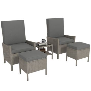 Outsunny 5 Piece Rattan Garden Furniture Set, Wicker Outdoor Furniture With 2 Armchairs, 2 Footstools And Glass Top Coffee Table With Shelf, Cushions For Patio Balcony, Dark Grey