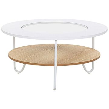 Modern Round Coffee Table White Top With Glass Hairpin Legs Mdf Light Wood Shelf Beliani